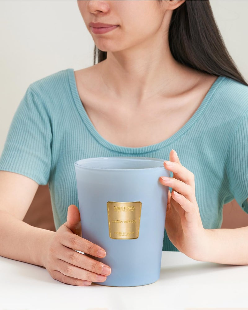 إم آند سينس شمعة M&SENSE كبيرة من الصويا معطرة برائحة نسيم الكتان 35oz 150H تدوم طويلاً، شمعة برائحة طبيعية 3 فتيل، بدون شمعة سامة، هدايا المنزل الجديد - Image 5